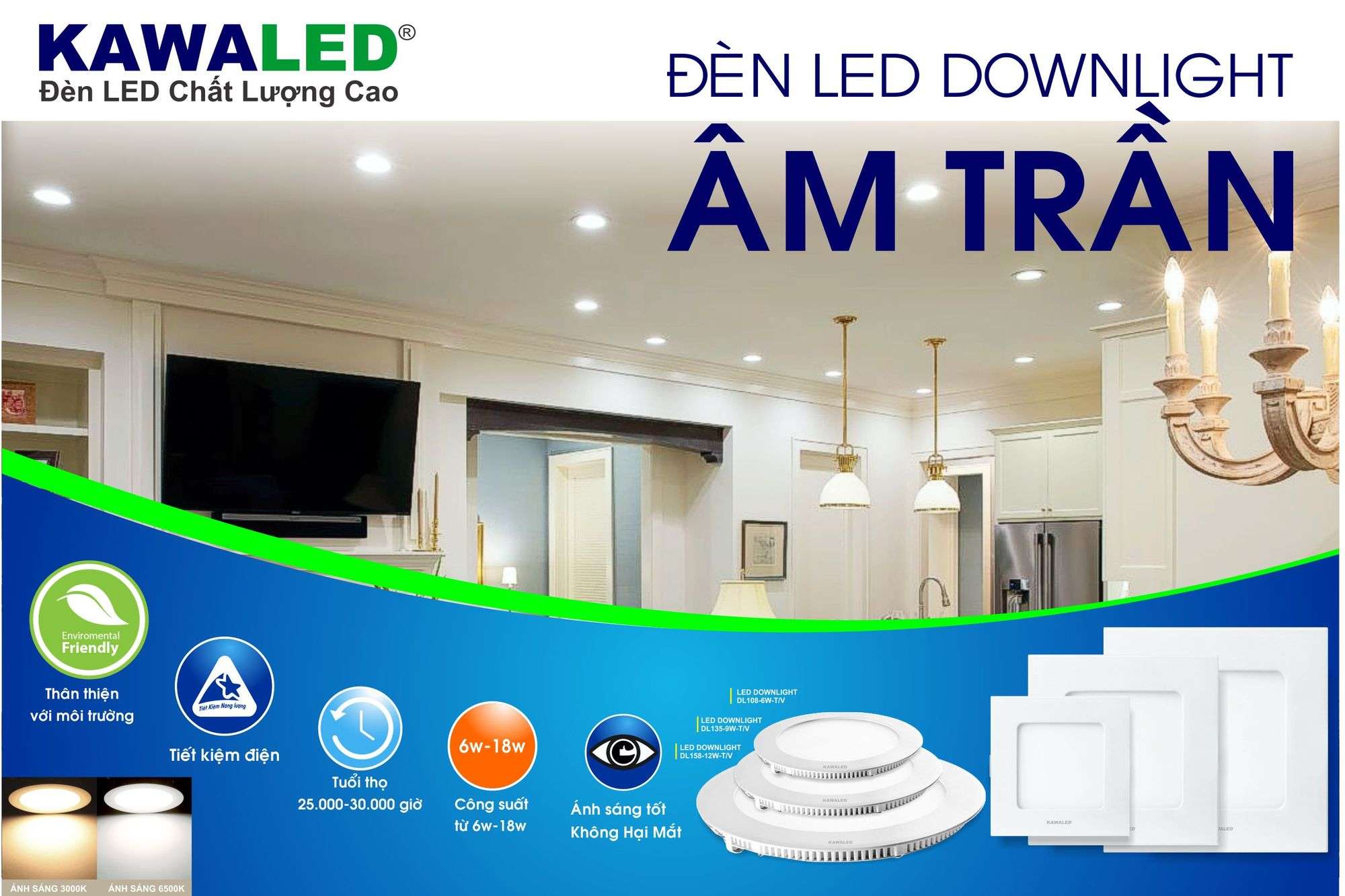 Đèn LED âm trần vuông mỏng cho ngôi nhà hiện đại